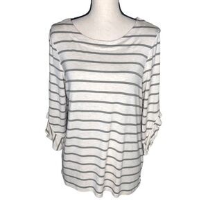 Chico’s Natural with Olive Green Stripes Three Quarter Sleeve Top